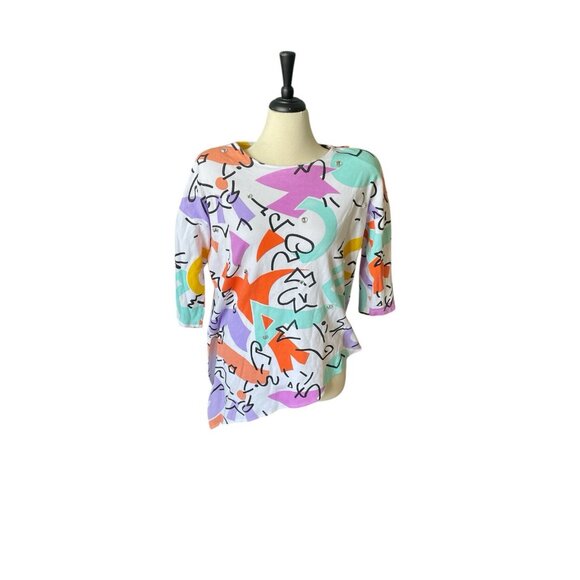 Abstract Graphic Print Asymmetrical Hem Top With Rhinestones White/Multicolor Ou - Picture 1 of 7